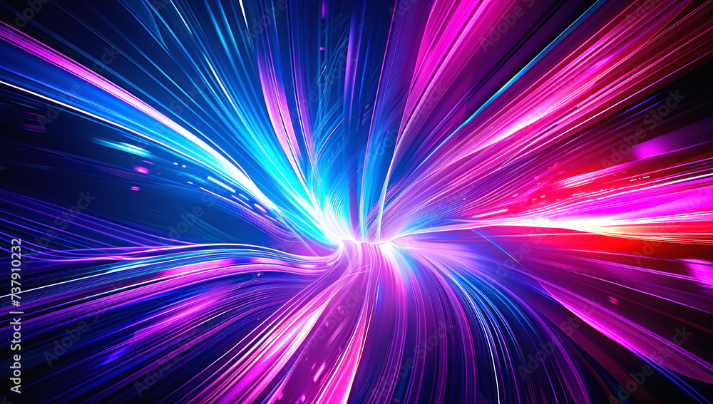 Colorful neon light burst of energy. Abstract motion in a futuristic tunnel, illustrating speed and acceleration with vibrant blue and pink illumination