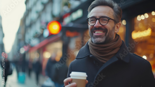 Businessman handsome smile using mobile looking hand holding coffee cup in the London morning time