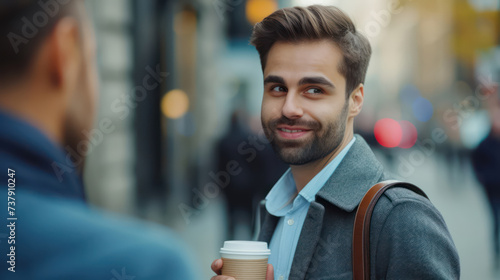 Businessman handsome talking with friend and holding coffee cup in the London morning time