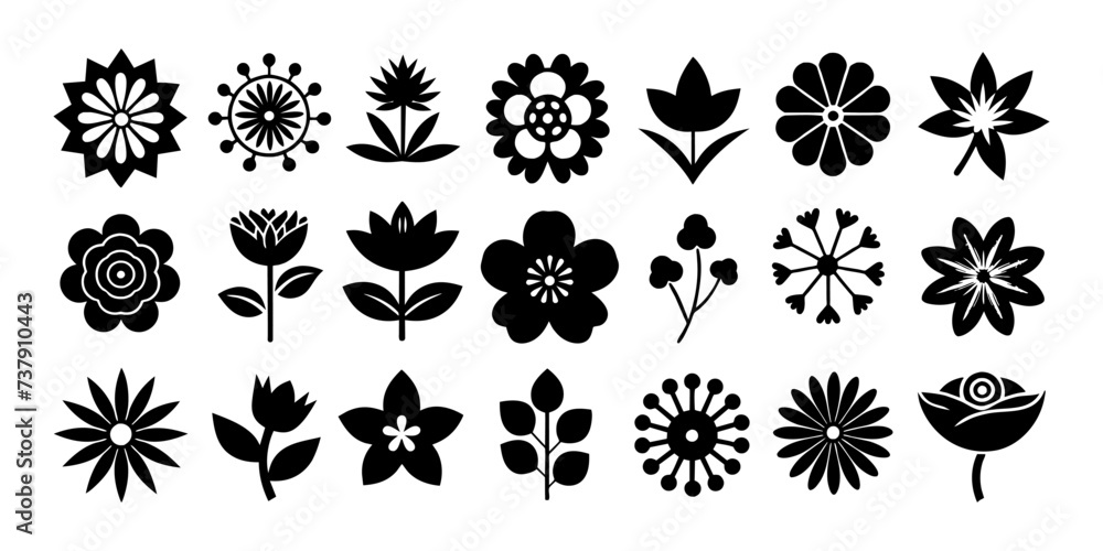A popular collection of 21 Flower Silhouette Icons. Abstract floral icons isolated on a white background