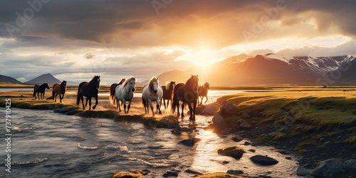 A herd of horses near the river in beautiful landscape.