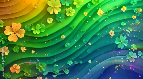 Shiny magical rainbow with clover leaves, flowers and particles on irish colors background. Color elegant celebration party animation. Colorfur abstract Saint Patrick's Day background. photo