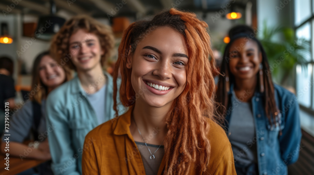 Close-up portrait of cheerful mixed race girl in a university class. Charming student and her multiethnic classmates smile cheerfully. Diversity in education and professional training.