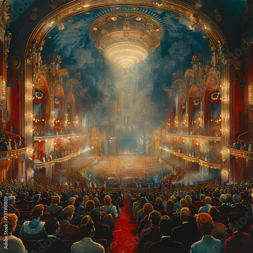 Grandiose Theater Interior with Majestic Ceiling and Audience Gathered for an Event photo