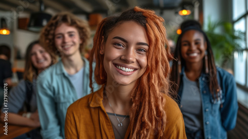 Close-up portrait of cheerful mixed race girl in a university class. Charming student and her multiethnic classmates smile cheerfully. Diversity in education and professional training.