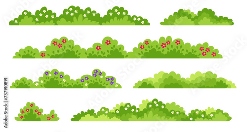 Green bushes with flowers. Cartoon forest and park shrubbery with flowers #737910891