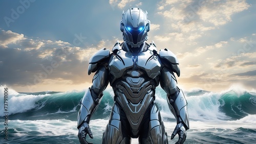 Futuristic Man Confronts Towering Wave in Epic Encounter, Human Innovation Meets Natural Force in Monumental Scene, Armored Man Faces Nature's Fury in Futuristic Display, Futuristic Figure Battles Nat