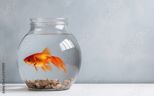 goldfish in a glass jar with water  on a light background 