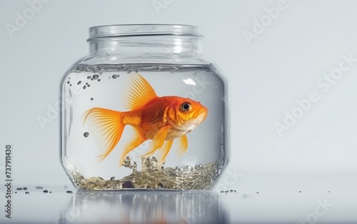 goldfish in a glass jar with water, on a light background  photo