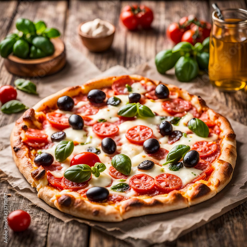 Leckere Pizza mit Zutaten auf dem Tisch