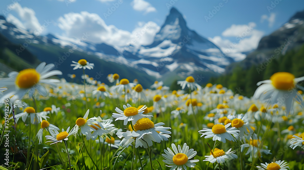 Medium shot photography, Spring Scenery at Zermatt, with lush alpine meadows as the background, during Edelweiss flowering
