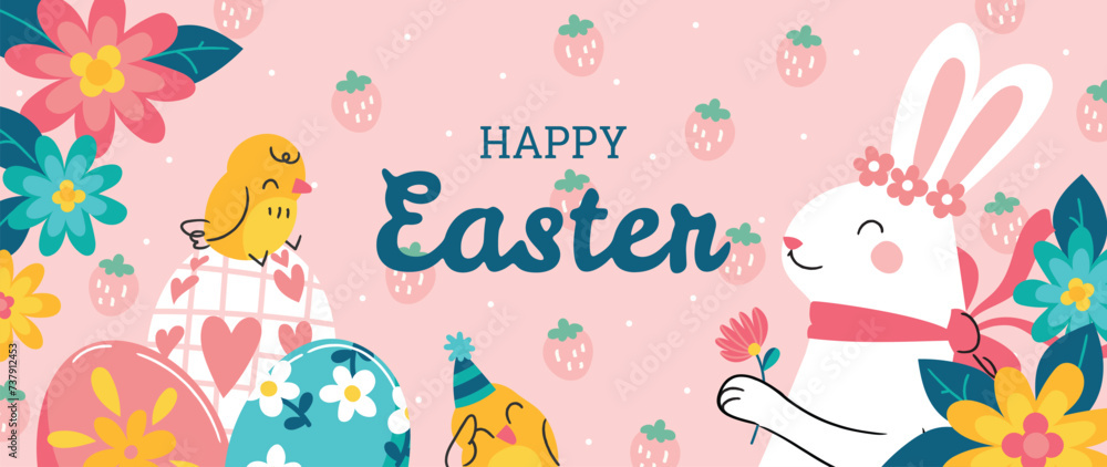 Happy Easter element background vector. Hand drawn cute white rabbit, easter egg, flower, leaf, chick on pink background. Collection of adorable doodle design for decorative, card, kids, banner. Happy Easter element background vector. Hand drawn cute white rabbit, easter egg, flower, leaf, chick on pink background. Collection of adorable doodle design for decorative, card, kids, banner.