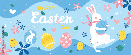Happy Easter element background vector. Hand drawn cute white rabbit, easter egg, flower, leaf, chick on blue background. Collection of adorable doodle design for decorative, card, kids, banner.