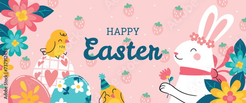 Happy Easter element background vector. Hand drawn cute white rabbit, easter egg, flower, leaf, chick on pink background. Collection of adorable doodle design for decorative, card, kids, banner.