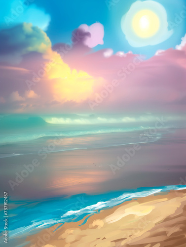Copy space. Captivating scenes of sand and sea are rendered with a nostalgic touch, creating serene backgrounds that embody the spirit of vintage charm and positive tranquility for text overlay © The Blue Wave