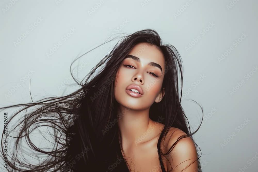 Stunning portrait of a beautiful woman model posing gracefully, with perfect skin and beautiful hair. Stunning portrait of a beautiful woman model posing gracefully, with perfect skin and beautiful hair.