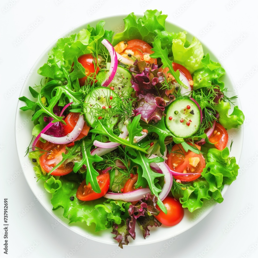 Plate with fresh green salad, vitamins