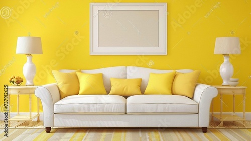  Beige sofa with yellow pillows and two side tables with lamps against vibrant yellow wall with poster frame. 