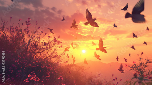 Delve into the tranquility of twilight with a captivating image of birds soaring freely against the backdrop of a vibrant sunset