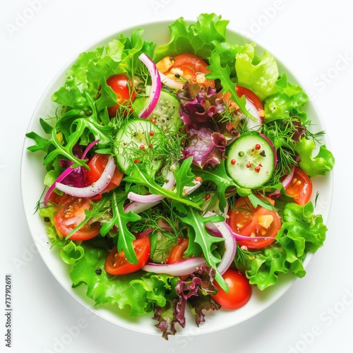 Plate with fresh green salad, vitamins