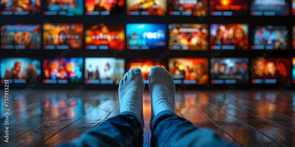 A Viewers Feet Propped Up Against a Vast Array of Streaming Options on Multiple Screens, Symbolizing the Era of Digital Entertainment, Generative AI - obrazy, fototapety, plakaty 