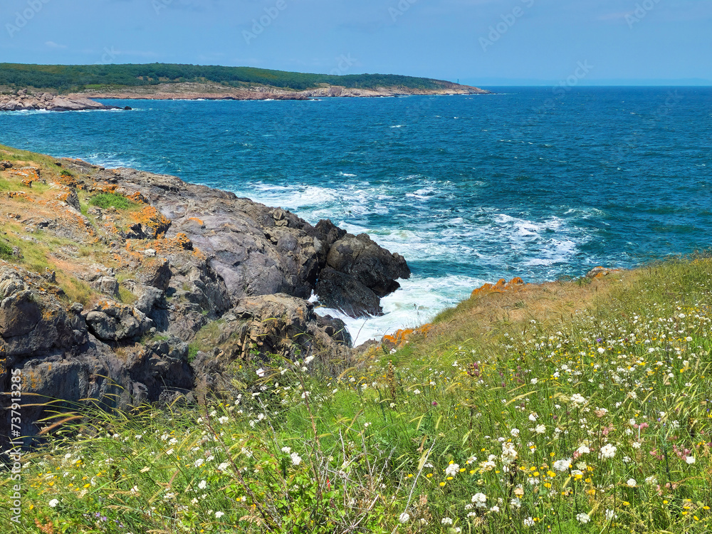The rocky Black Sea coast on the Zigra Bay between the Begliktash Cape and the Maslen Cape, Bulgaria