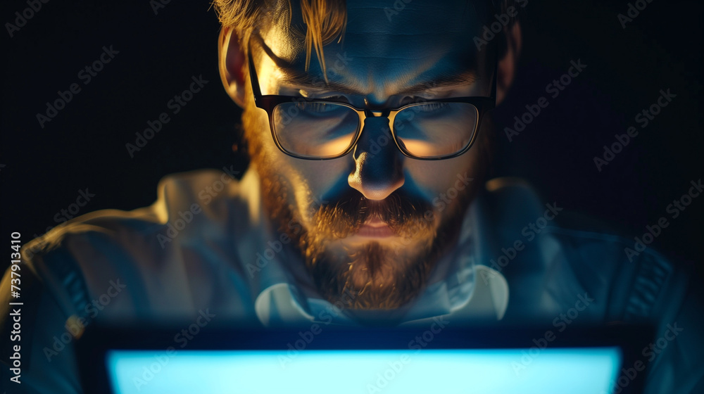 Focused Man Working on Laptop in the Dark
Focused Man Working on Laptop in the Dark
