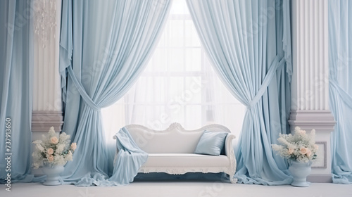 Delicate soft color blue curtains window decoration.