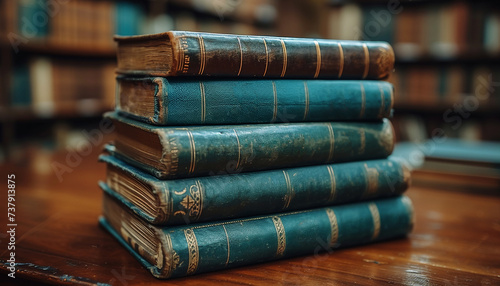 A stack of three aged leather-bound books on a wooden surface with blurred bookshelf background.