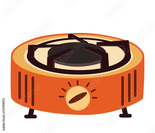 Camping stove. Gas camp burner, portable indoor cooker, outdoor furnace for picnic cooking on heat flame propane hob butane fire travel stoves cook neat. Vector Cartoon illustration of gas fire burner