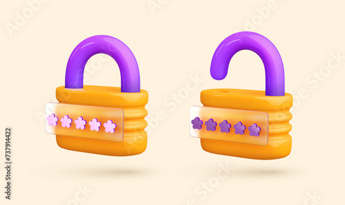 Safety, encryption, protection, privacy signs. Yellow digital security locks closed and open. Data protection padlocks with password 3d cartoon design elements on white background.