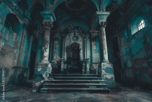 The Majestic Throne: A Regal Monarch Amidst a Dilapidated Chamber. Concept Fantasy Castle, Grandeur, Decay, Monarchy, Contrasts