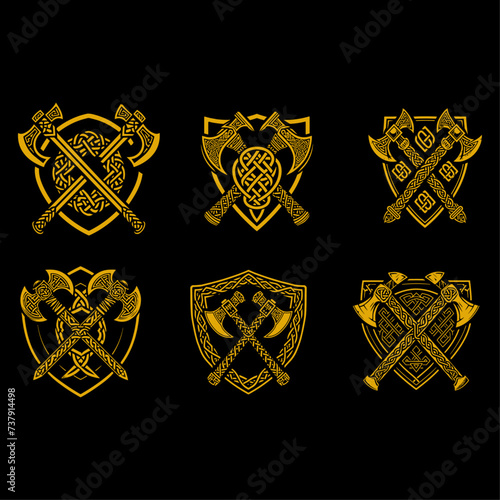 set of golden shield with sword ornamental knot Scandinavian axes viking