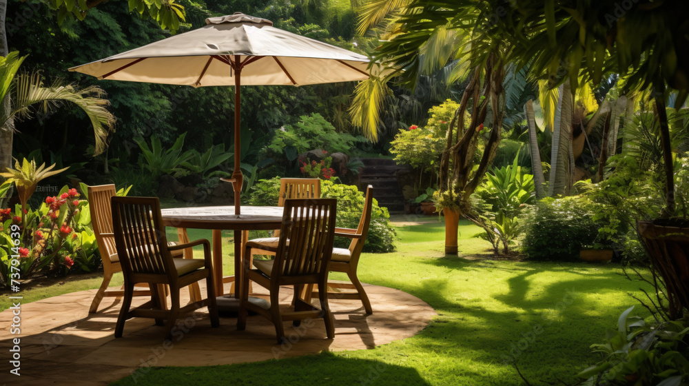 Dining table with chairs and parasol in the shade.