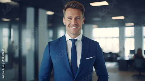Smiling businessman in blue suit in office, young entrepreneur portrait, business person portrait, CEO of a company standing in office