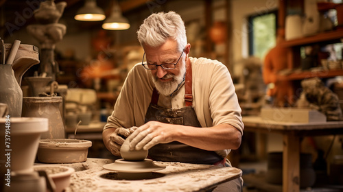Local business: Potter's workshop. Man sitting in the middle of her workshop, smiling, working on ceramic pot 