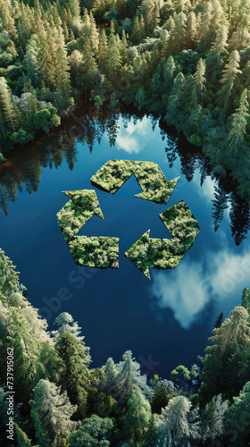 Recycling symbol on a forest lake.  Rendering