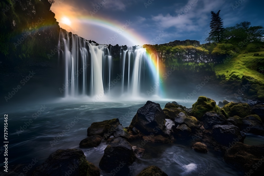 Moonbow arching gracefully over a waterfall, a rare and wondrous phenomenon.
 - obrazy, fototapety, plakaty 