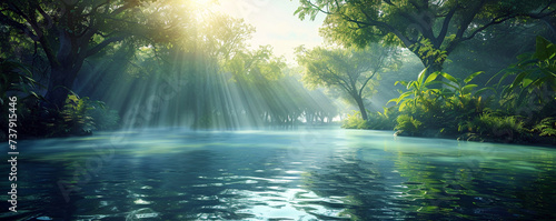 Portrait of river surrounded tropical green forest with sunlight through tree crowns. Comfortable place to calm the mind. Natural ecosystem forest conservation. Generative AI photo