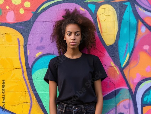 Portrait of an African American woman with long curly hair posing in front of graffiti wearing a mockup of a black dress. Woman wearing black clothes mockup. Created with Generative AI.