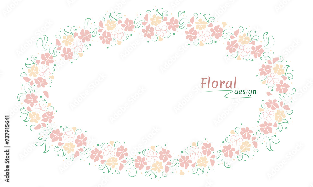 Spring summer oval shaped floral frame with copy space. Delicate pink and yellow flowers with green leaves. Vector illustration in flat style for card, photo, banner, invitation, congratulation, weddi