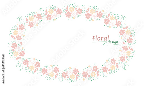 Spring summer oval shaped floral frame with copy space. Delicate pink and yellow flowers with green leaves. Vector illustration in flat style for card, photo, banner, invitation, congratulation, weddi © YumBerr