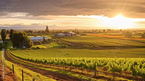 Sunset view over a lush vineyard with golden light bathing the landscape and farm buildings in the distance.