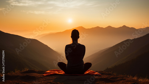 Silhouette of back view of girl yoga meditating sunrise on beach