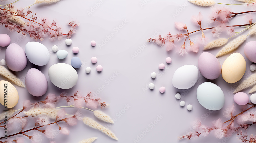 Minimalistyczne jasne tło na życzenia Wielkanocne. Alleluja - Wesołych świąt Wielkiej Nocy. Jajka, kwiaty i inne wiosenne dekoracje.