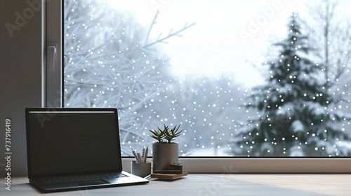 desk of free space and winter window