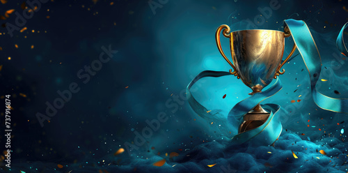 golden cup on a background of blue fabric with ribbons	
