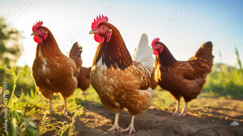 a group of chickens near a farm in the sun 