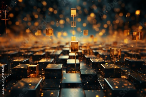 abstract dark background with many golden block shapes and lights, in the style of 3D rendering, digital art photo