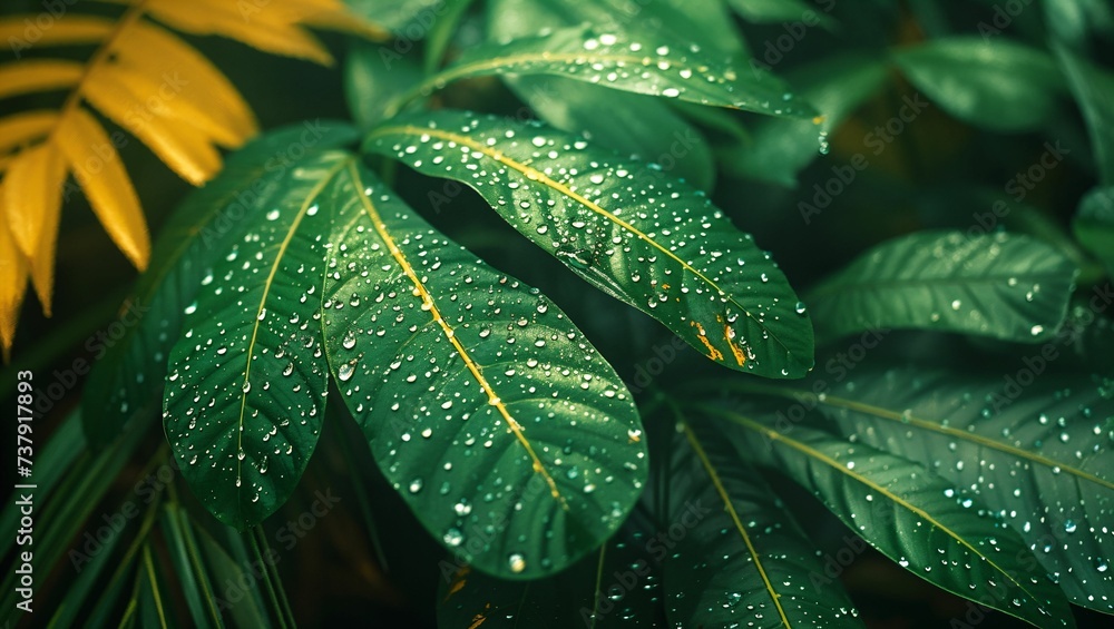 Fototapeta premium Close up of a tropical leaves with water drop